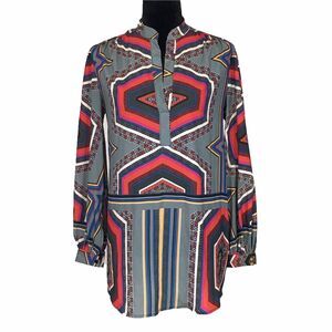 Aaron Ashe Tunic SMALL 100% Silk Retro Gray Mod Color Geo Legging Top‎ LN